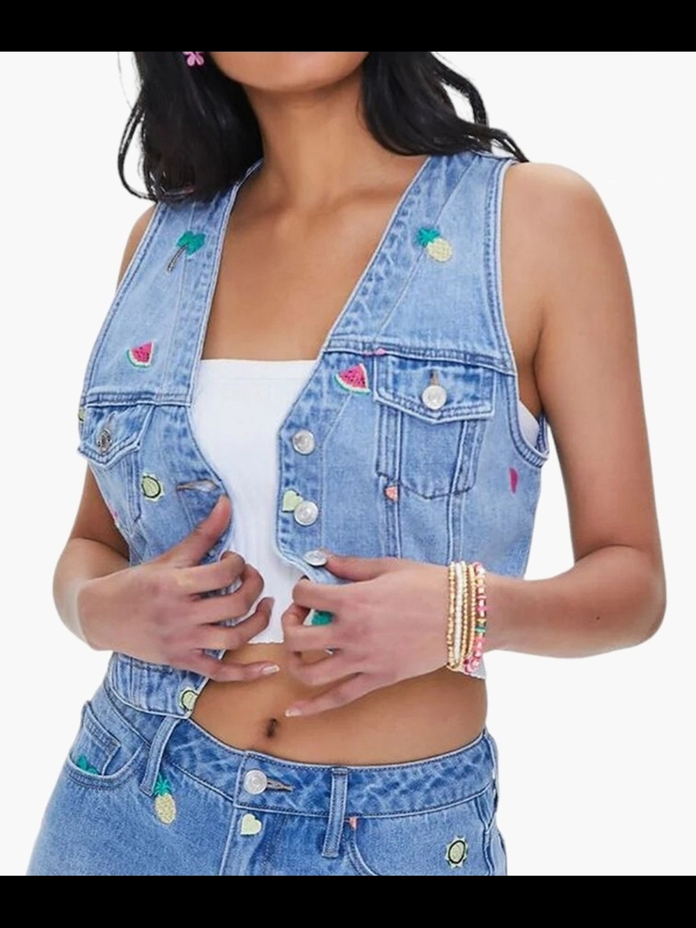 Forever 21 Light Blue Embroidered Denim Crop Vest